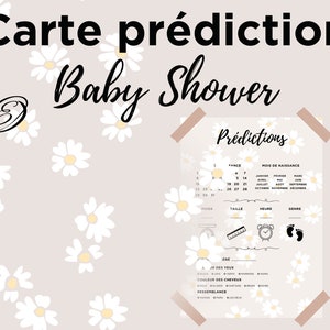 Carte prédiction Baby Shower et Gender Reveal marguerites, daisy, fleurs blanches rose, carte pronostics bébé en français à imprimer