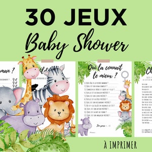30 Baby Shower games and theme activities, savannah animal baby shower, jungle animal in French to print - download. snap