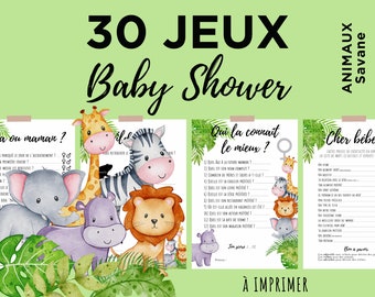 30 jeux Baby Shower et activités thème, baby shower animaux de la savane, animal de la jungle en français à imprimer - télécharg. instantané