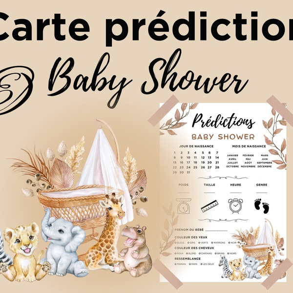 Carte prédiction Baby Shower et Gender Reveal berceau animaux Savane, carte pronostics bébé en français à imprimer, téléchargement immédiat