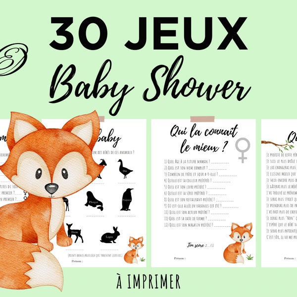 30 jeux Baby Shower "Renard" et activités - en français à imprimer, pour animer fête prénatale bébé - téléchargement instantané