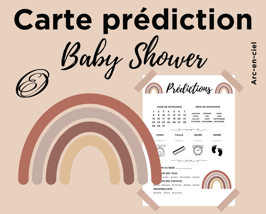 Carte prédiction Baby Shower et Gender Reveal bébé arcenciel, carte