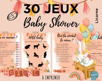 30 jeux Baby Shower et activités Licorne fille - en français à imprimer, pour animer fête prénatale bébé - téléchargement instantané
