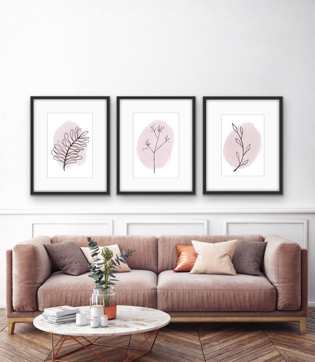 Botanical Line Art Print Set | Pink Abstract Wall Decor - Etsy