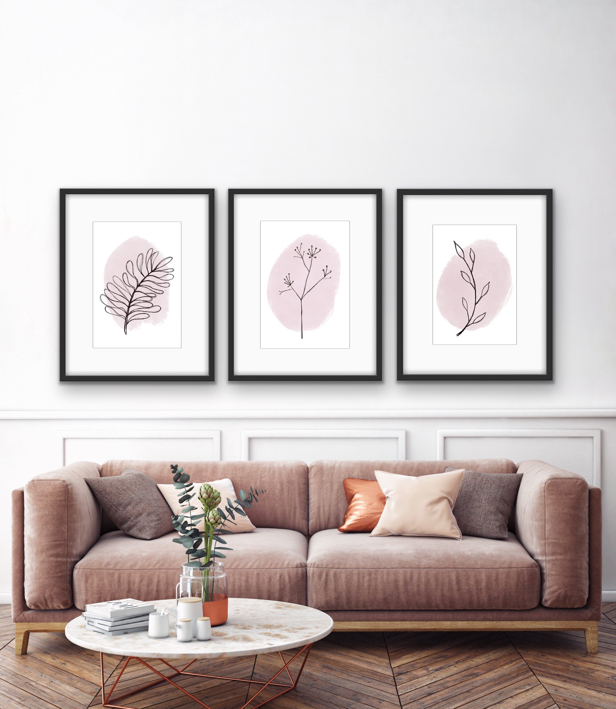 Botanical Line Art Print Set | Pink Abstract Wall Decor - Etsy