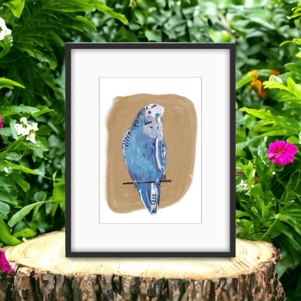 blue budgie wall art, abstract bird painting for bird lover, nature wall art, pet bird art, gift
