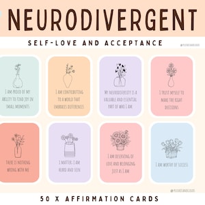 Carte di affermazione neurodivergente/ Carte di affermazione per la neurodivergenza/Carte di consapevolezza e cura di sé/Affermazioni positive quotidiane/50