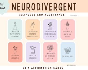 Neurodivergent Affirmation Cards| Affirmation Cards for Neurodivergence | Mindfulness and Self-care Cards | Daily Positive Affirmations | 50