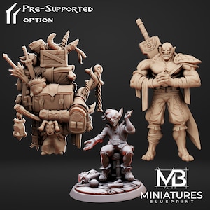 May include: A selection of 3D-printed fantasy miniatures. Features an orc warrior with a large sword, a seated goblin, and a pack mule carrying supplies. The text "PRE-SUPPORTED OPTION" is visible.