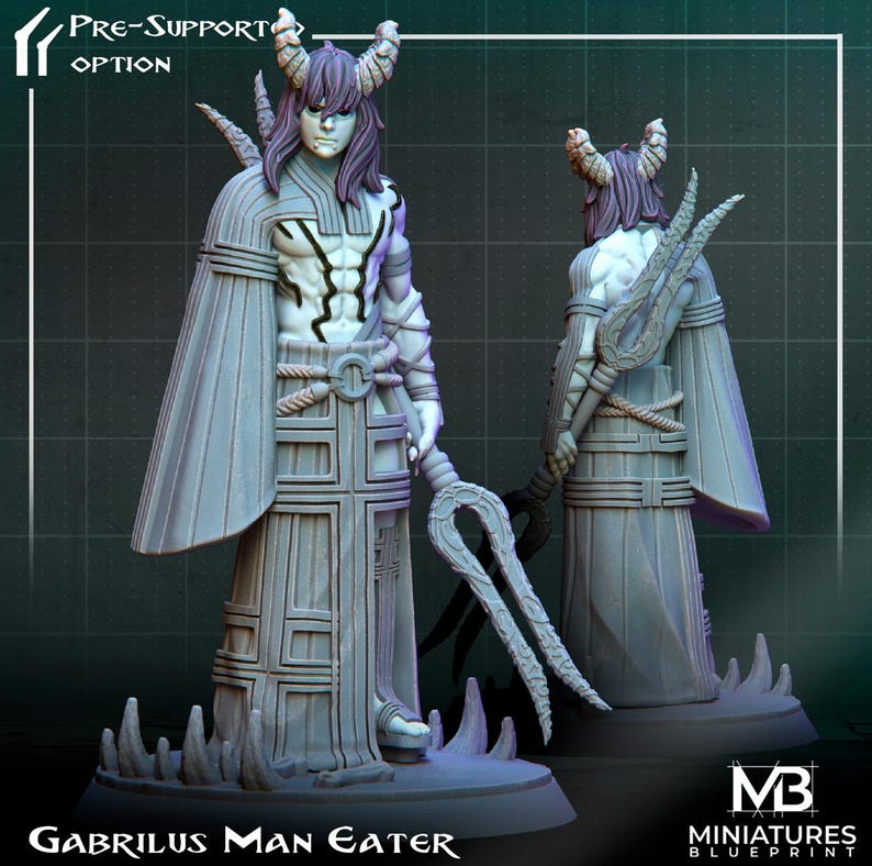 May include: A white painted miniature figurine of a demon with horns and a long, flowing robe. The demon holds a trident-like weapon in its right hand. The figurine is standing on a base with the text "Gabrilius Man Eater" printed on it.