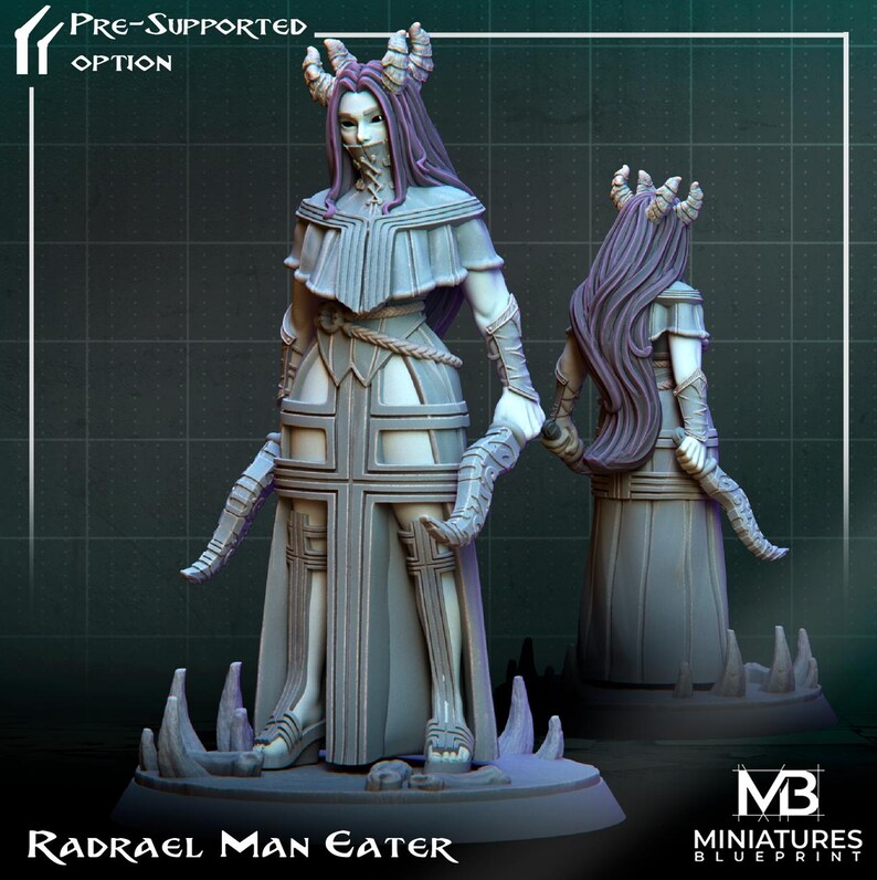 May include: A gray and white 3D printed miniature of a female figure with horns and long hair. The figure is wearing a long robe with a cross pattern. The miniature is posed with one hand raised and the other holding a curved object. The miniature is standing on a base with a text label that reads "Radrael Man Eater".