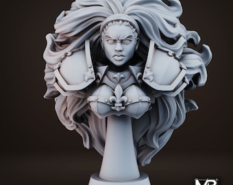 May include: A 3D printed bust of a woman with long, flowing hair. She is wearing armor with a fleur-de-lis design. The bust is painted in a light gray color.