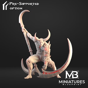 May include: A white 3D printed miniature of a horned demon figure holding a large curved blade. The figure is posed in a dynamic stance, with one leg forward and the other bent at the knee. The blade has a red, cracked texture.