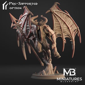 May include: A detailed 3D printed miniature of a demon with large wings, horns, and a spear. The miniature is painted in shades of red and brown, and is posed in a dynamic flying position. The miniature is pre-supported, making it easier to print.
