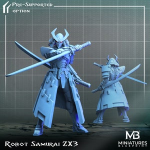 May include: A 3D printed model of a robot samurai warrior holding two swords. The model is in a light blue color and has a detailed design. The model is pre-supported and ready to be printed.