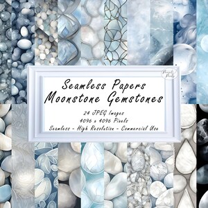 Moonstone Gemstone Mixed Styles Seamless Digital Paper - Exotic white shimmer June jewel graphics, printable patterns for commercial use