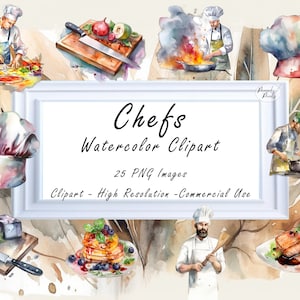 Male Chefs Kitchen Watercolor Clipart PNG Set, 25 Colorful Cooking Clipart For Menus, Scrapbooking | Commercial use Watercolor Graphics Art