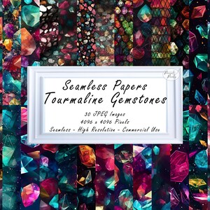 May include: A digital collage of 30 seamless patterns featuring colorful tourmaline gemstones on a dark background. The patterns are high resolution and perfect for commercial use.