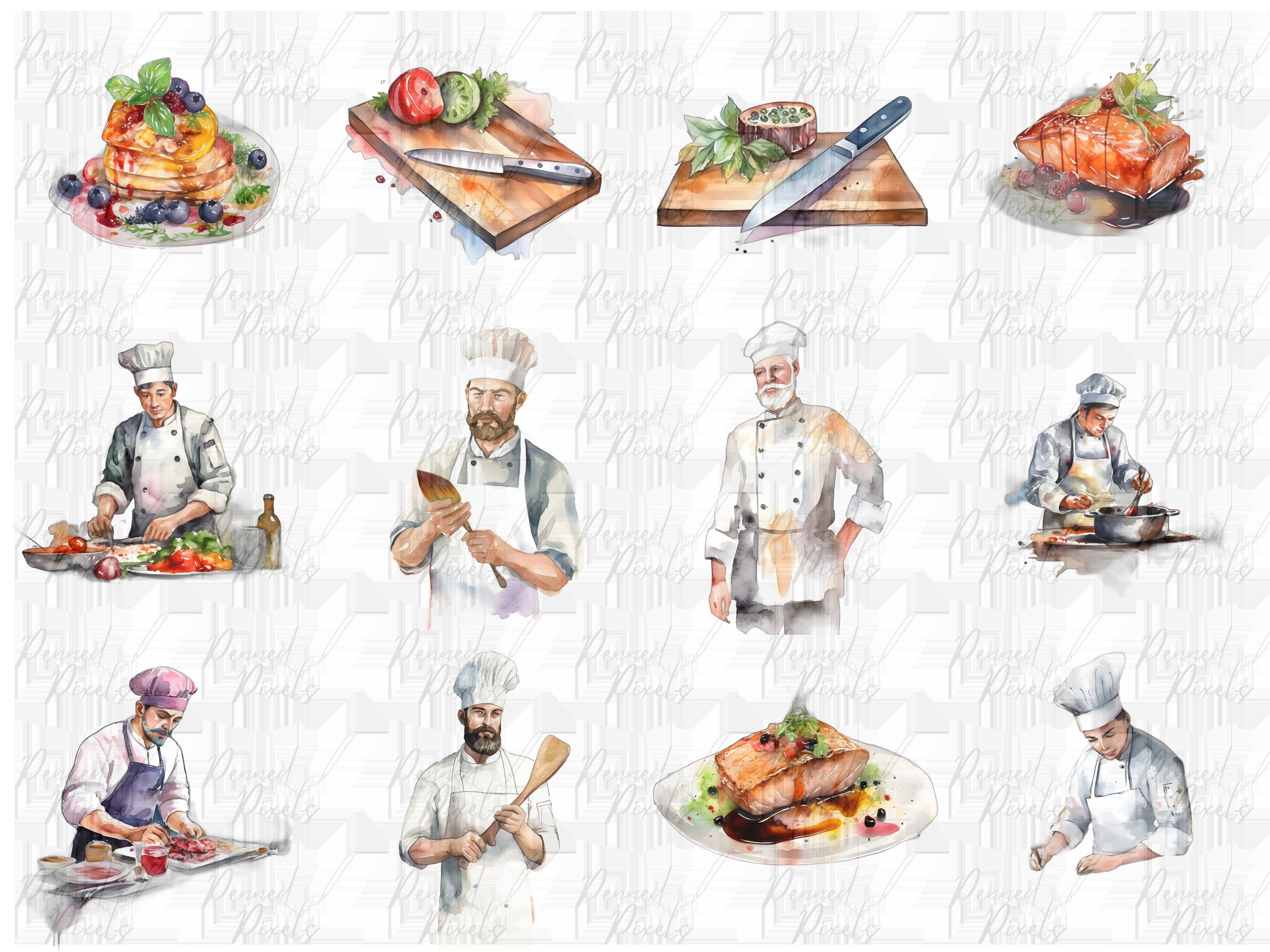 Male Chefs Kitchen Watercolor Clipart PNG Set, 25 Colorful Cooking ...