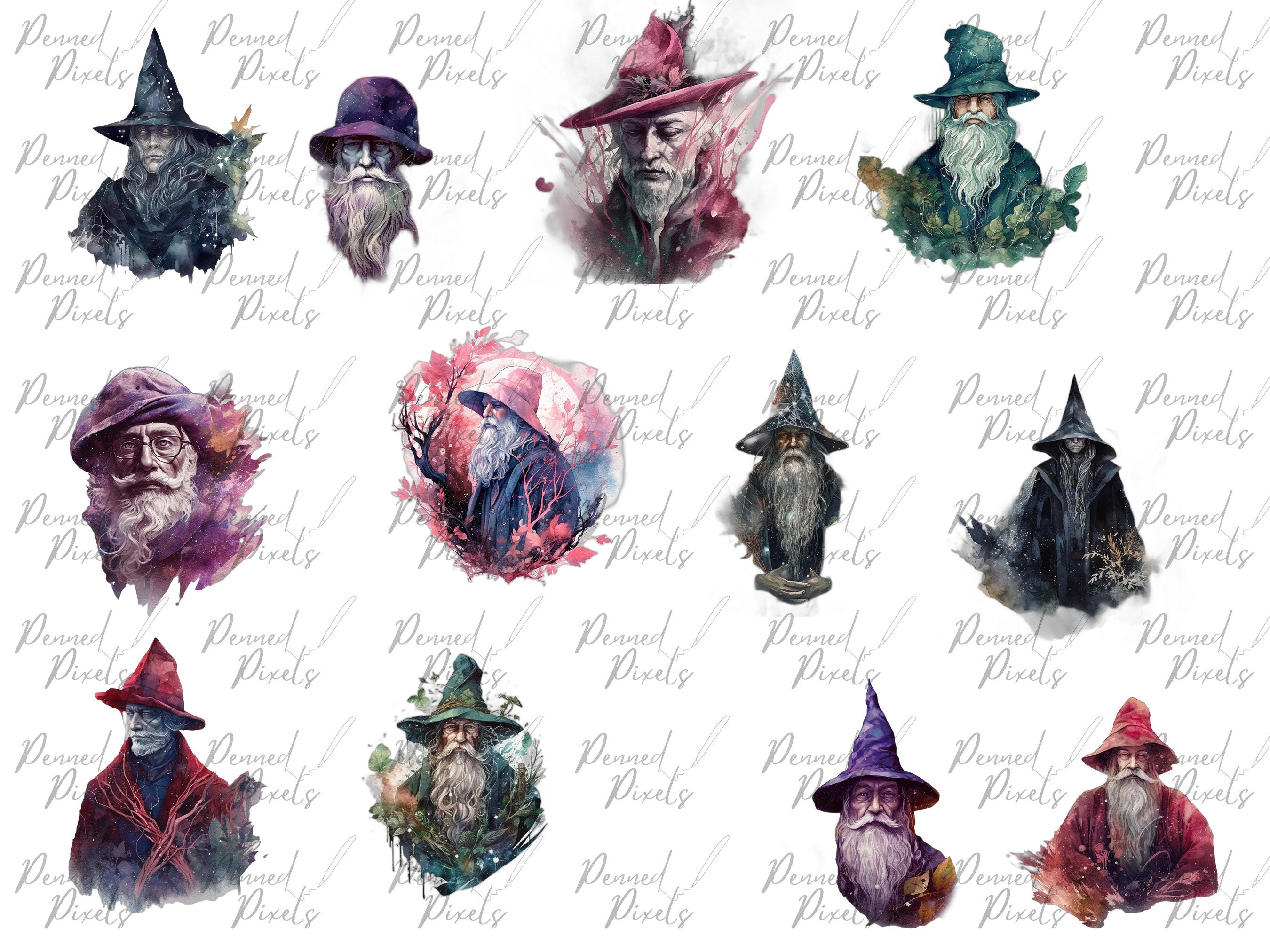 Wizard Graphics Mystical Wizard Clipart PNG Set, 36 Bearded Sorcerer Clipart ...