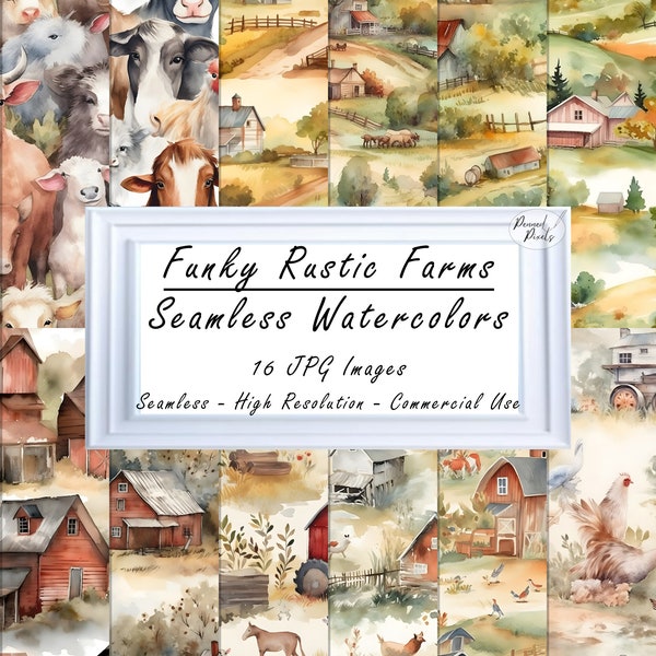 Rustic Farm Watercolor Digital Paper Childrens Art - modelli senza soluzione di continuità, fienili, mucche, pollo, cabina, modelli stampabili per uso commerciale