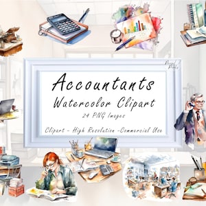 Accountants Office Watercolor Clipart PNG Set, 24 Colorful Workplace Clipart Finance Theme Drawing / Commercial use Watercolor Graphics Art