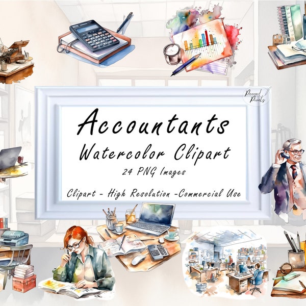 Accountants kantoor aquarel clipart PNG set, 24 kleurrijke werkplek clipart Finance thema tekening | Commercieel gebruik aquarel grafische kunst