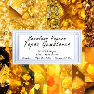 May include: 20 seamless digital paper patterns featuring topaz gemstones in various shades of yellow and gold. The patterns are high resolution and perfect for commercial use.