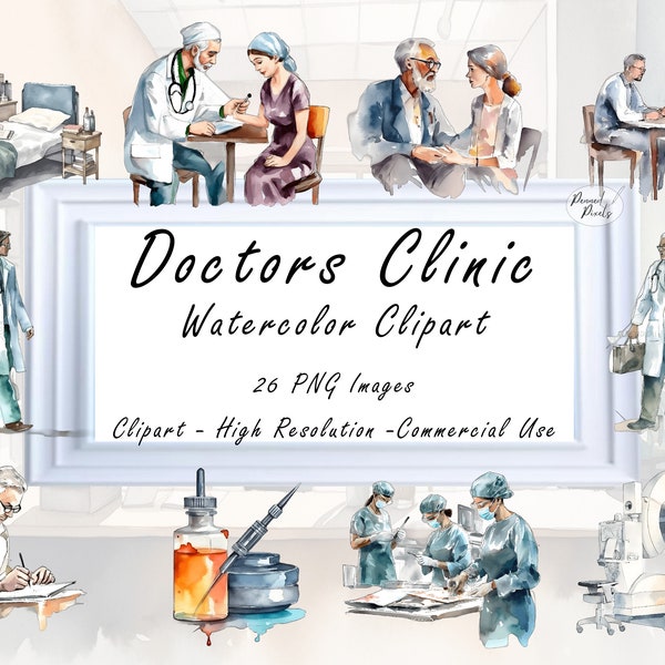 28 Doctores Acuarela Clipart PNG Set, Imágenes Prediseñadas Temáticas Hospitalarias con Enfermeras, Máquinas de Rayos X, Medicina. Arte gráfico de acuarela de uso comercial