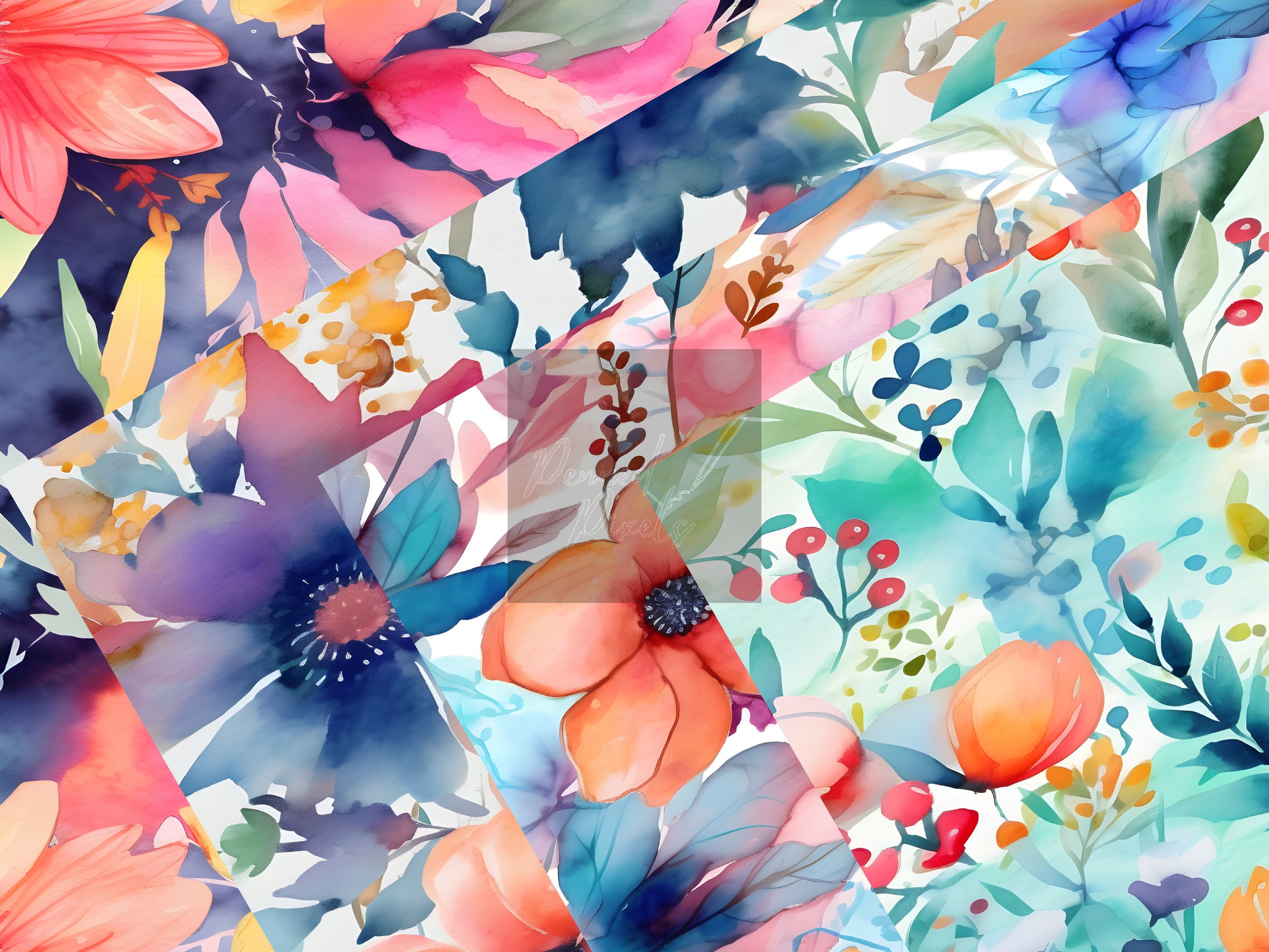 Spring Flowers Watercolor Digital Paper Seamless Bright Patterns With ...