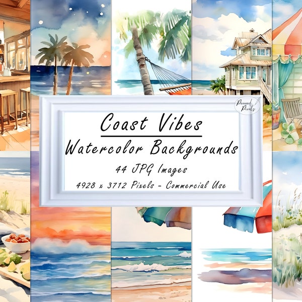 Coastal Watercolor Backgrounds - 44 Hi-Res JPG summer ocean beach sea summer vacation landscapes seascapes | Instant Download Commercial Use