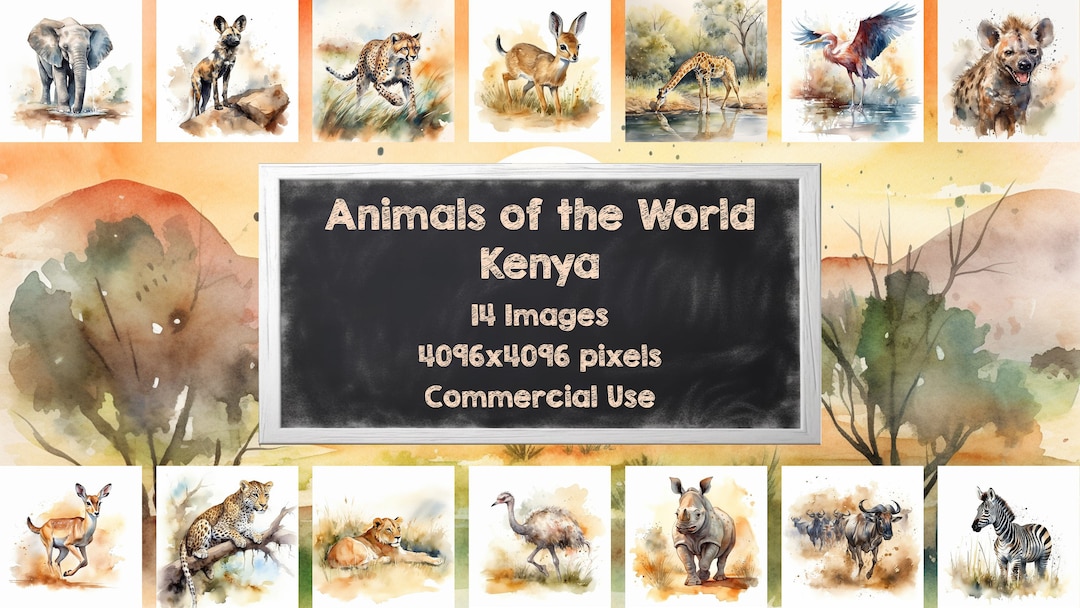Animals of Kenya Wildlife Art Prints Instant Download Watercolors