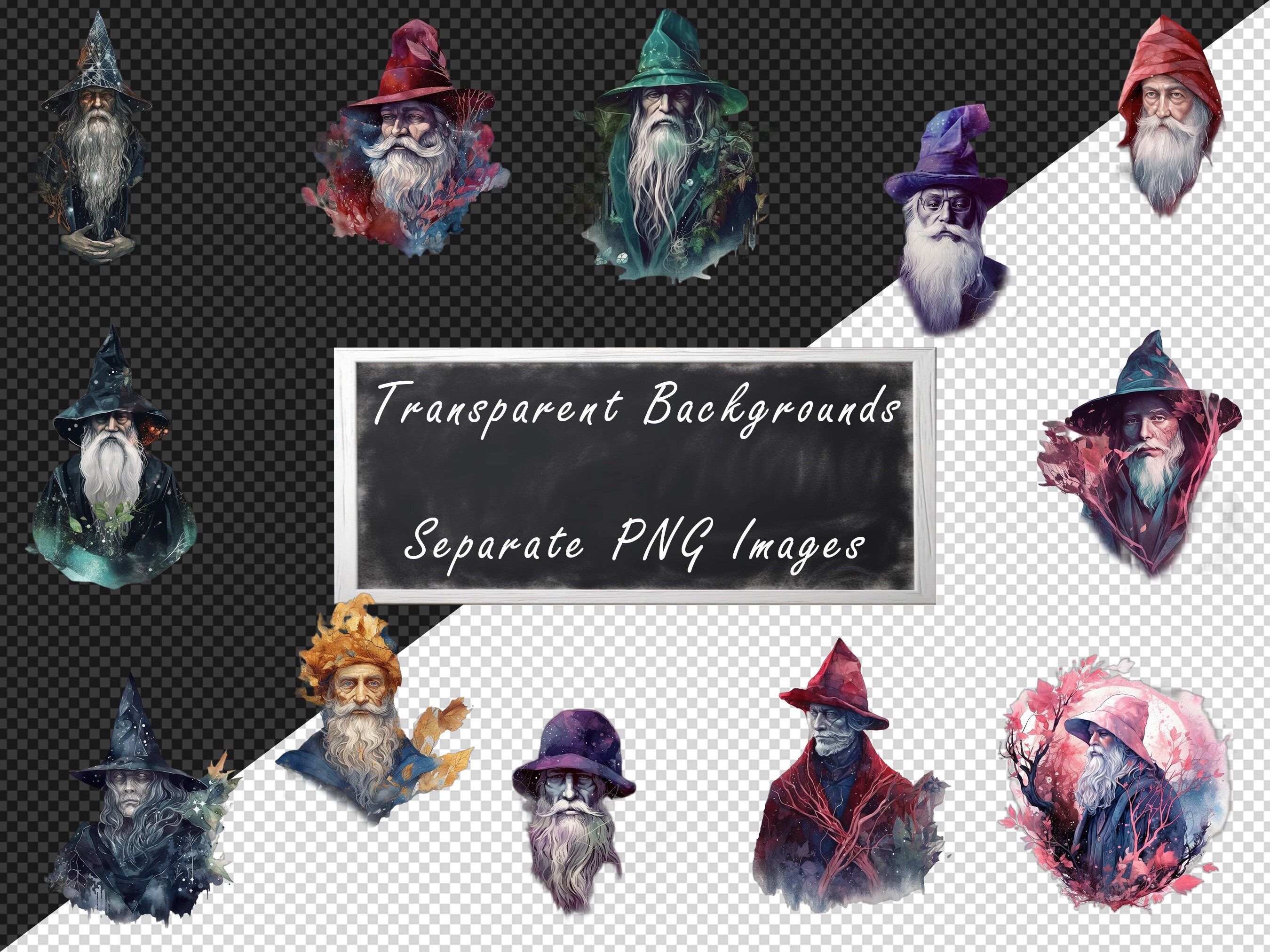 Wizard Graphics Mystical Wizard Clipart PNG Set, 36 Bearded Sorcerer Clipart ...