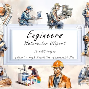 28 ingenieurs aquarel clipart PNG set, bouw en ontwerp thema clipart, blauwdruk, harde hoed. Commercieel gebruik aquarelafbeeldingen