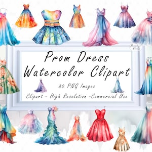Aquarel Prom Dress Clipart - 80 mooie formele meisjes jurken clipart bundel, jurk PNG, kleurrijke jurk voor sublimatie en uitnodigingen