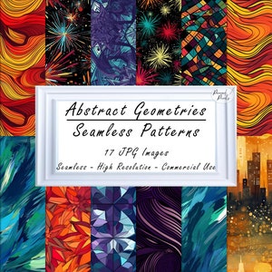 May include: A collection of 17 seamless digital patterns featuring abstract geometric designs in vibrant colors, including red, orange, yellow, blue, green, and purple. The patterns are perfect for use in digital and print projects.