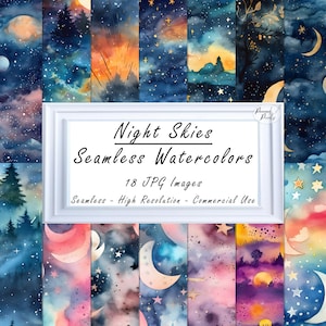 Aquarel Night Skies naadloze patronen, 18 digitale documenten met levendige nachtlandschappen sterren, voor commercieel gebruik Instant Download