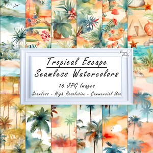 Tropical Beach Escape Digitales Aquarellpapier - nahtlose Muster Palmen, Hibiskus, Urlaub am Meer, druckbare Muster für kommerzielle Nutzung