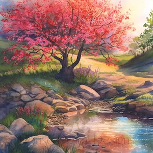 Blüte Kirschbaum Kunstwerk, druckbare Kirschbaum Kunstwerk, JPG-Dateien, Kirschblüte Bäume Aquarell, Handwerk, kommerzielle Nutzung, POD,