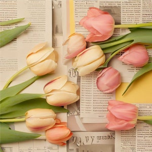 新聞紙とチューリップの花、オンデマンド印刷、クリップアート png、デジタル ダウンロード、ビンテージ チューリップ、デジタル グラフィック、商用および個人使用