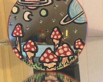 mushroom mirror painting, 10.5cm, shelf decor, hand painted