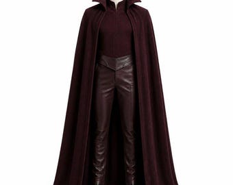 Dark Burgundy Wool Cape, Leather Pants, Cotton Jumpsuit Cosplay Outfit