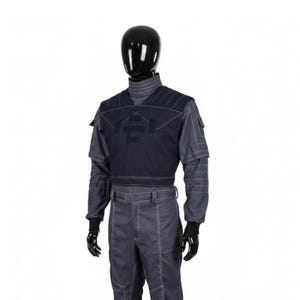 May include: A dark gray uniform set consisting of a long-sleeved shirt with a high collar, a dark navy blue tactical-style vest with white contrast stitching, and matching dark gray trousers featuring prominent white seam detailing throughout.