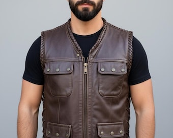 Vintage Brown Leather Biker Vest, Western Style