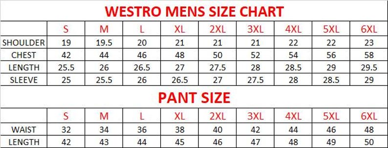 May include: A Westro size chart table with red text headers. The top section lists shoulder, chest, length, and sleeve measurements in inches for sizes S through 6XL. The bottom section lists waist and length measurements for pant sizes S through 6XL.
