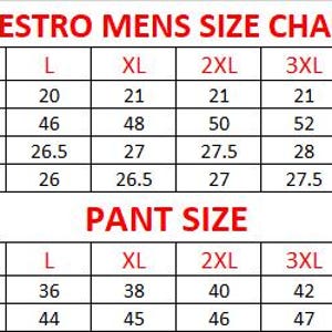May include: A Westro size chart table with red text headers. The top section lists shoulder, chest, length, and sleeve measurements in inches for sizes S through 6XL. The bottom section lists waist and length measurements for pant sizes S through 6XL.