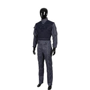 May include: A dark gray long-sleeved jumpsuit featuring a black chest overlay with ribbed shoulder detailing. The garment includes a high mock neck collar, fitted cuffs, and prominent white topstitching throughout the torso, sleeves, and trousers.
