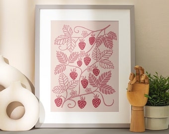 Strawberry Vine Lino Art Print Illustration - Pink & Red - Printable Digital Download - Home Decor