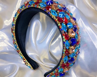 Veelkleurige met regenboogjuwelen versierde geometrische hoofdband Diamanten hoofdband | Kristallen hoofdband | Gevoerde hoofdband