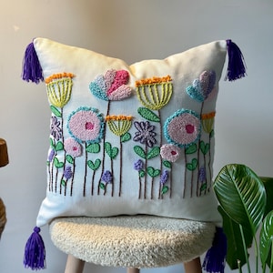 Floral Embroidered Throw Pillow Cover, Decorative Hand Tufted Pillow, Colorful Flowers Cushion, Housewarming Gift